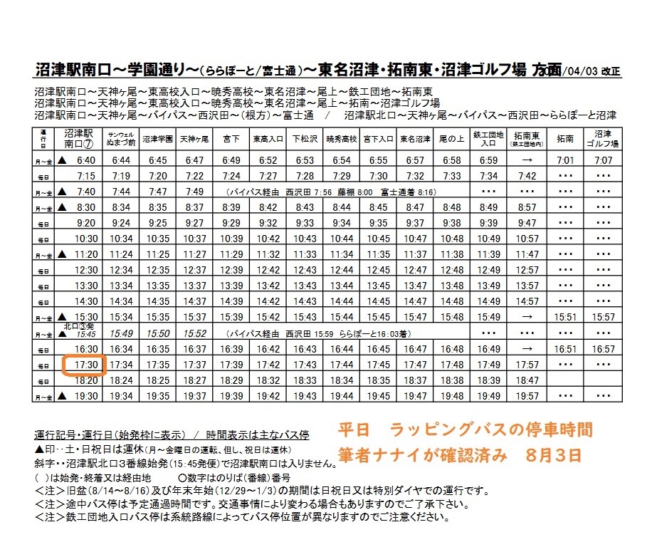 富士シティバスのラッピングバスが停車する時刻表