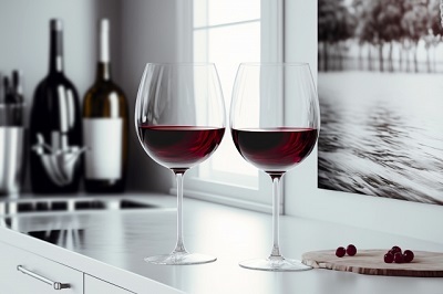 テーブルに置いてあるワインが入った2つのワイングラス