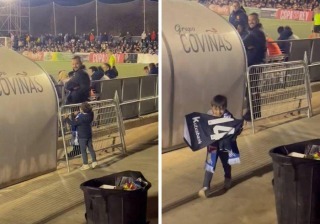 A child receives Kubo’s t-shirt tonight and gives him a bag of popcorn for the bus home in return